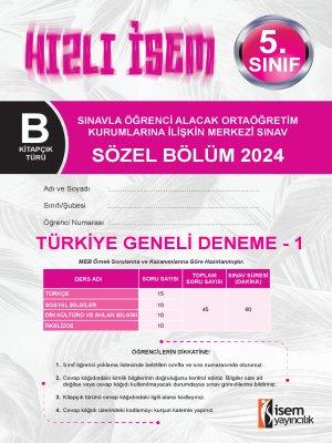 5.Sınıf Türkiye Geneli Deneme -1 - B Kitapçığı