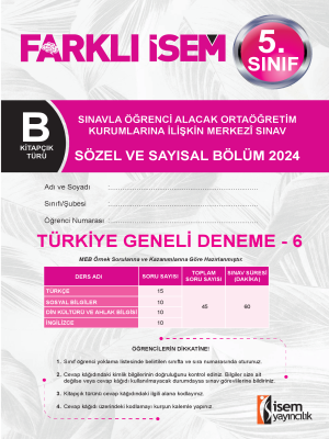 5.Sınıf Türkiye Geneli Deneme -6 - B Kitapçığı